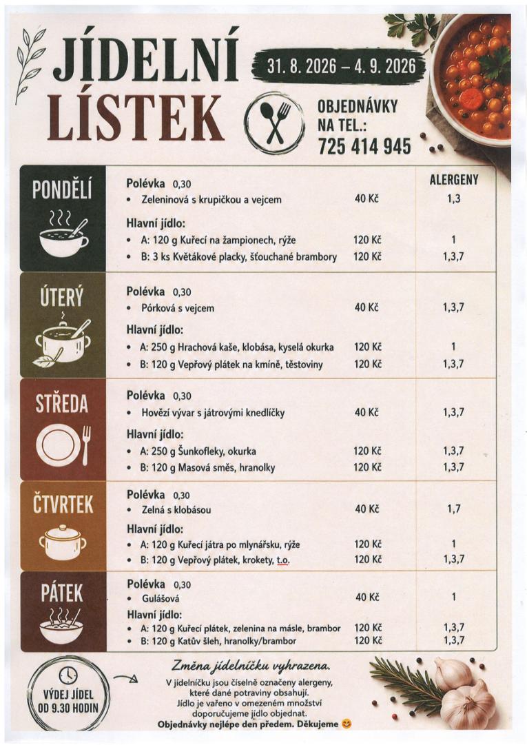 Jídelní lístek 31.8.2026-4.9.2026